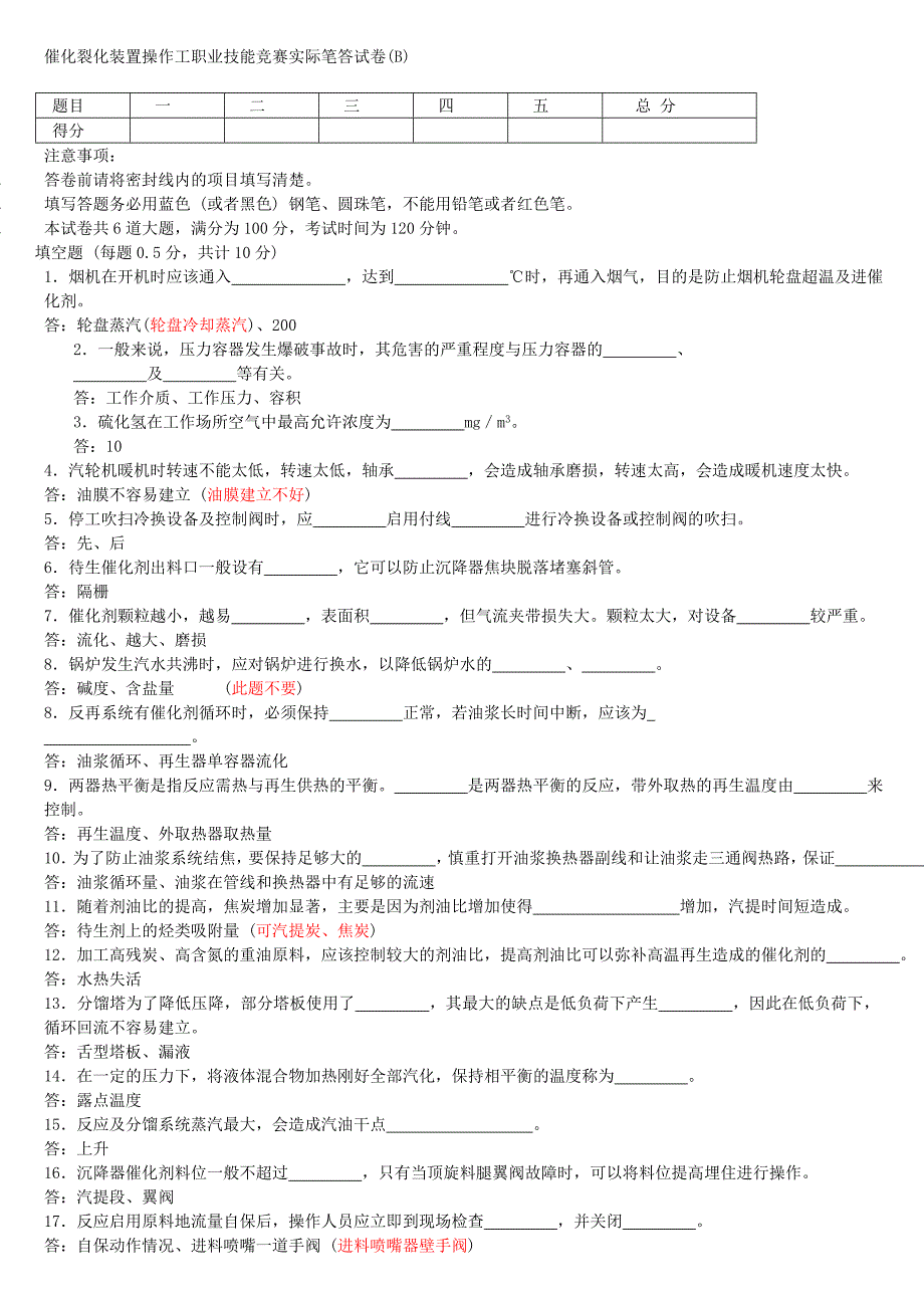 2015年中石油催化裂化装置操作工职业技能竞赛实际笔答试卷_第1页