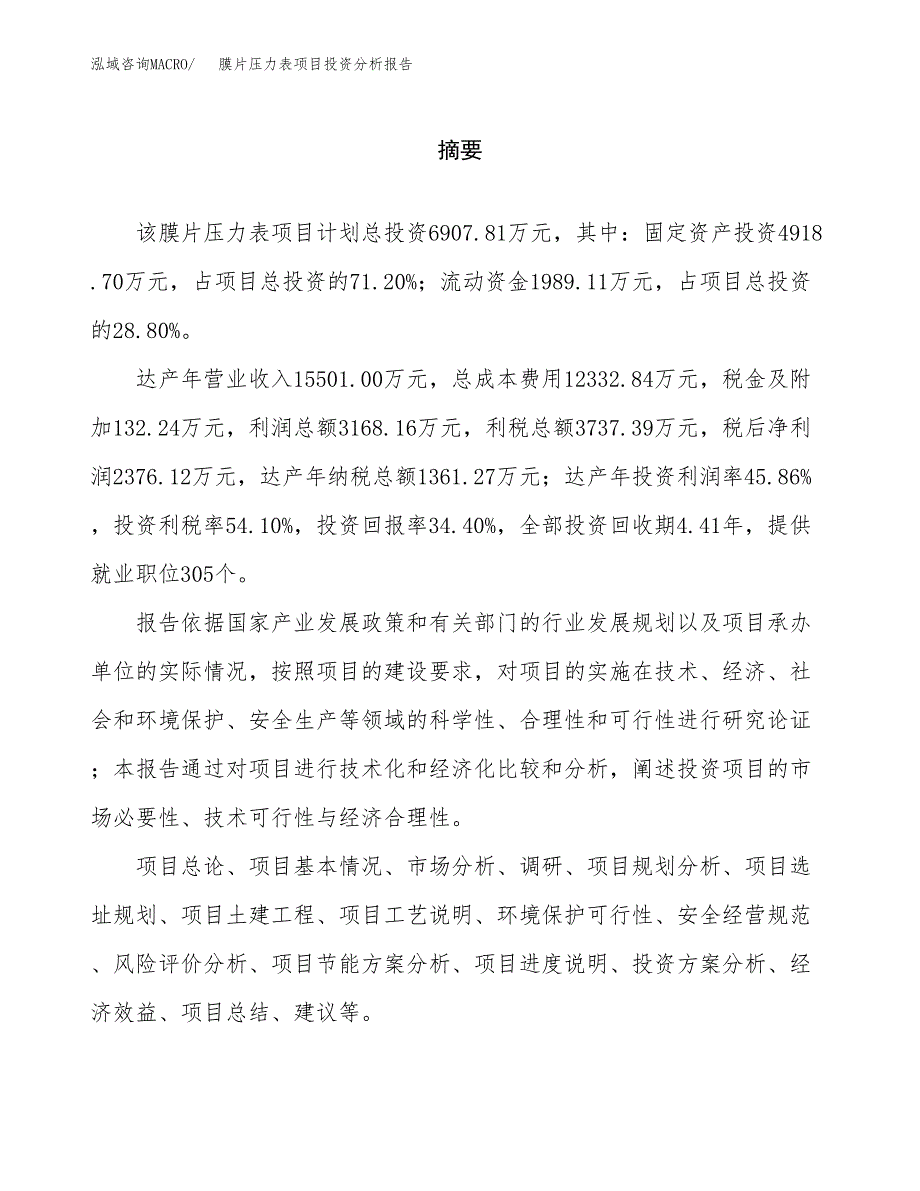 （模板）膜片压力表项目投资分析报告_第2页