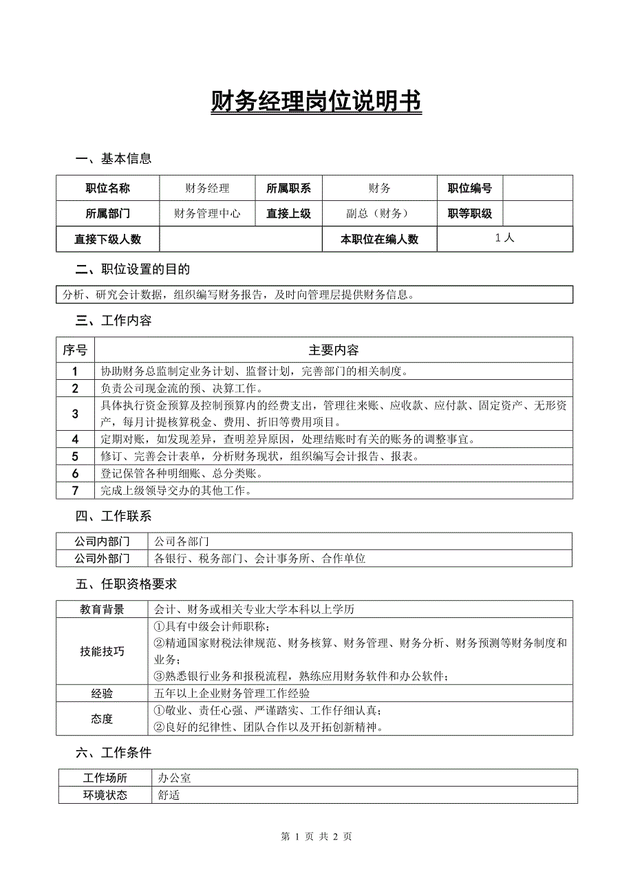 某房地产公司财务经理岗位说明书.doc_第1页