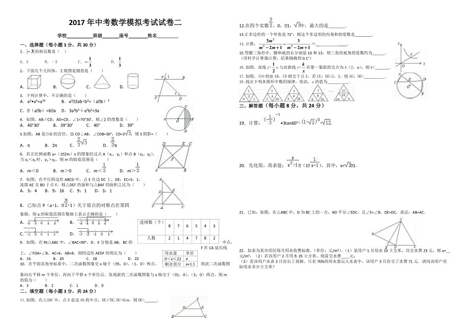 湖南省邵阳县2017届中考第二次模拟考试数学试卷 有答案_第1页