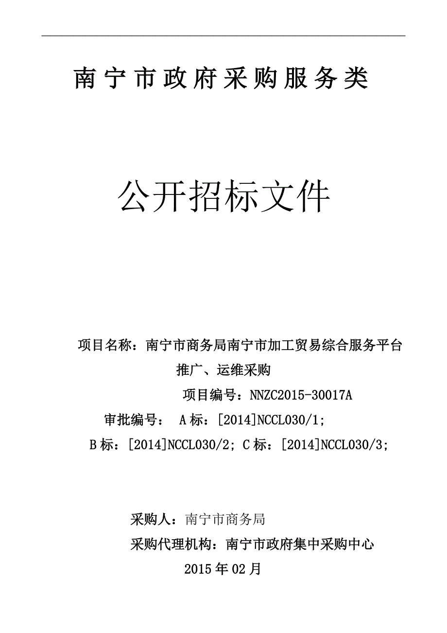 南宁市商务局南宁市加工贸易综合服务平台推广、运维采购公开招标文件_第1页