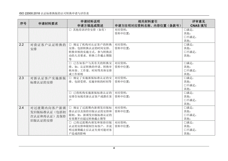 ISO 220002018认证标准换版的认可转换申请与评价表_第4页