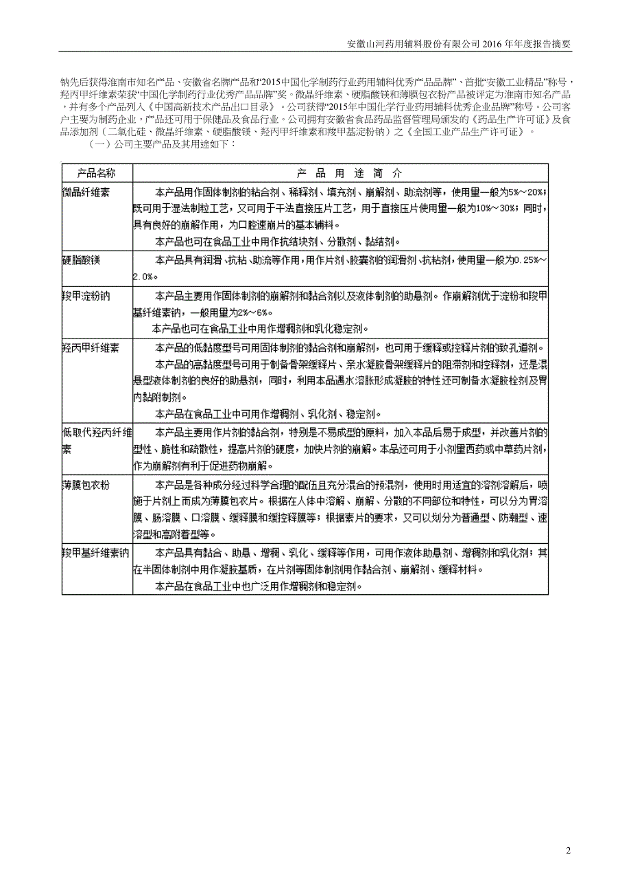 安徽山河药用辅料股份有限公司年报告摘要_第2页