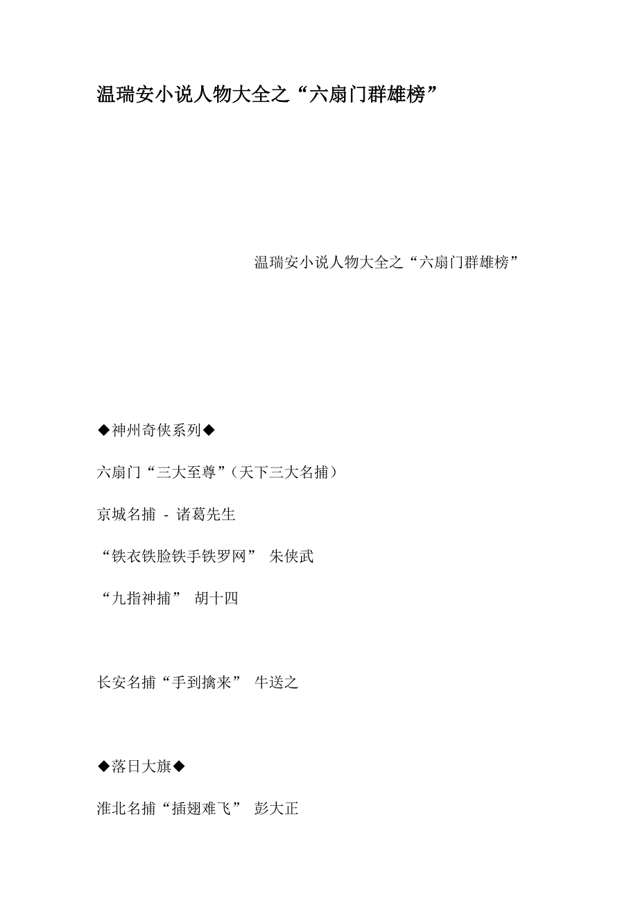 温瑞安小说人物大全之六扇门群雄榜_第1页