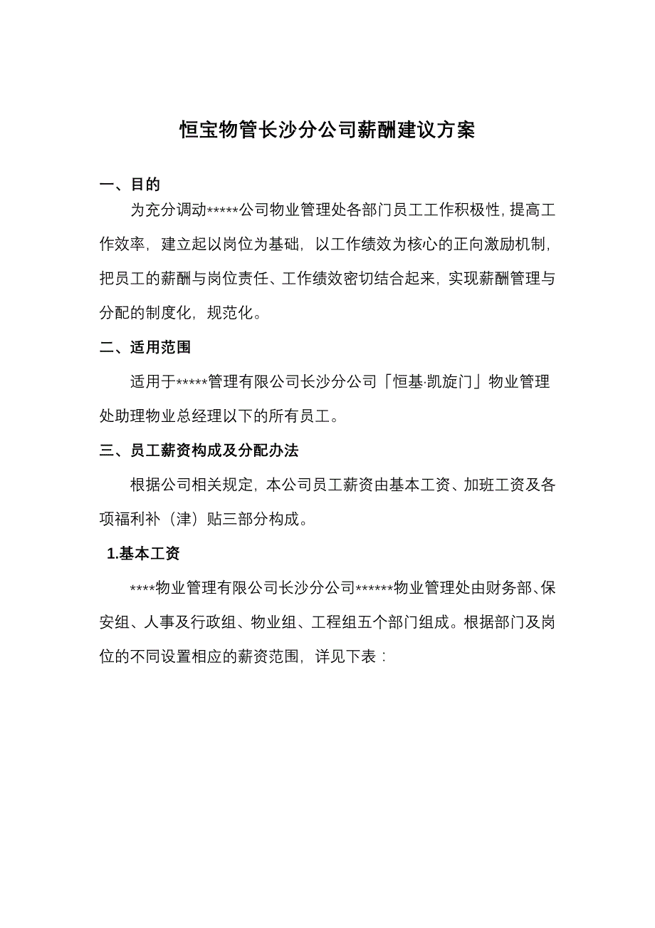 某物管长沙分公司薪酬建议方案_第1页