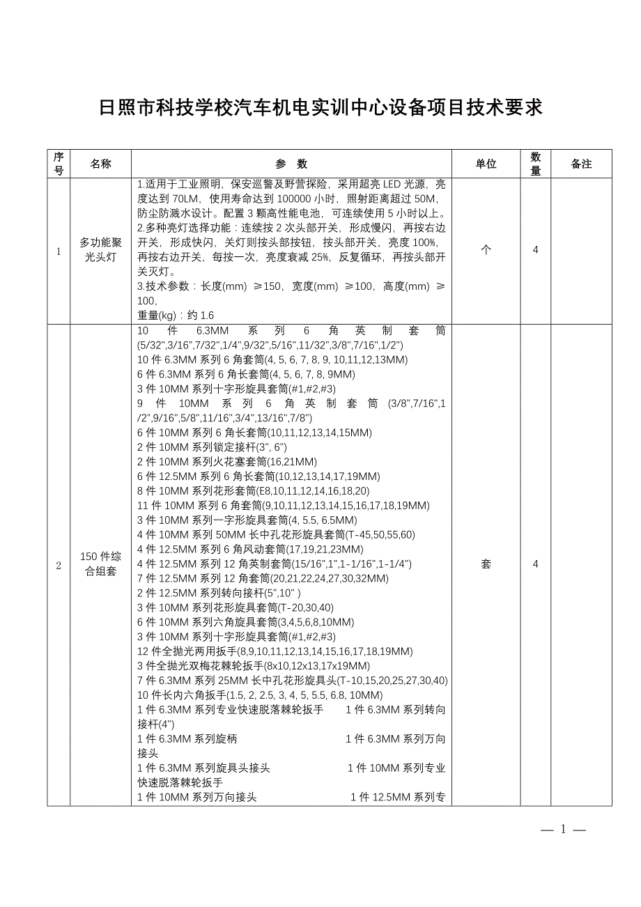 日照市科技学校汽车机电实训中心设备项目技术要求_第1页