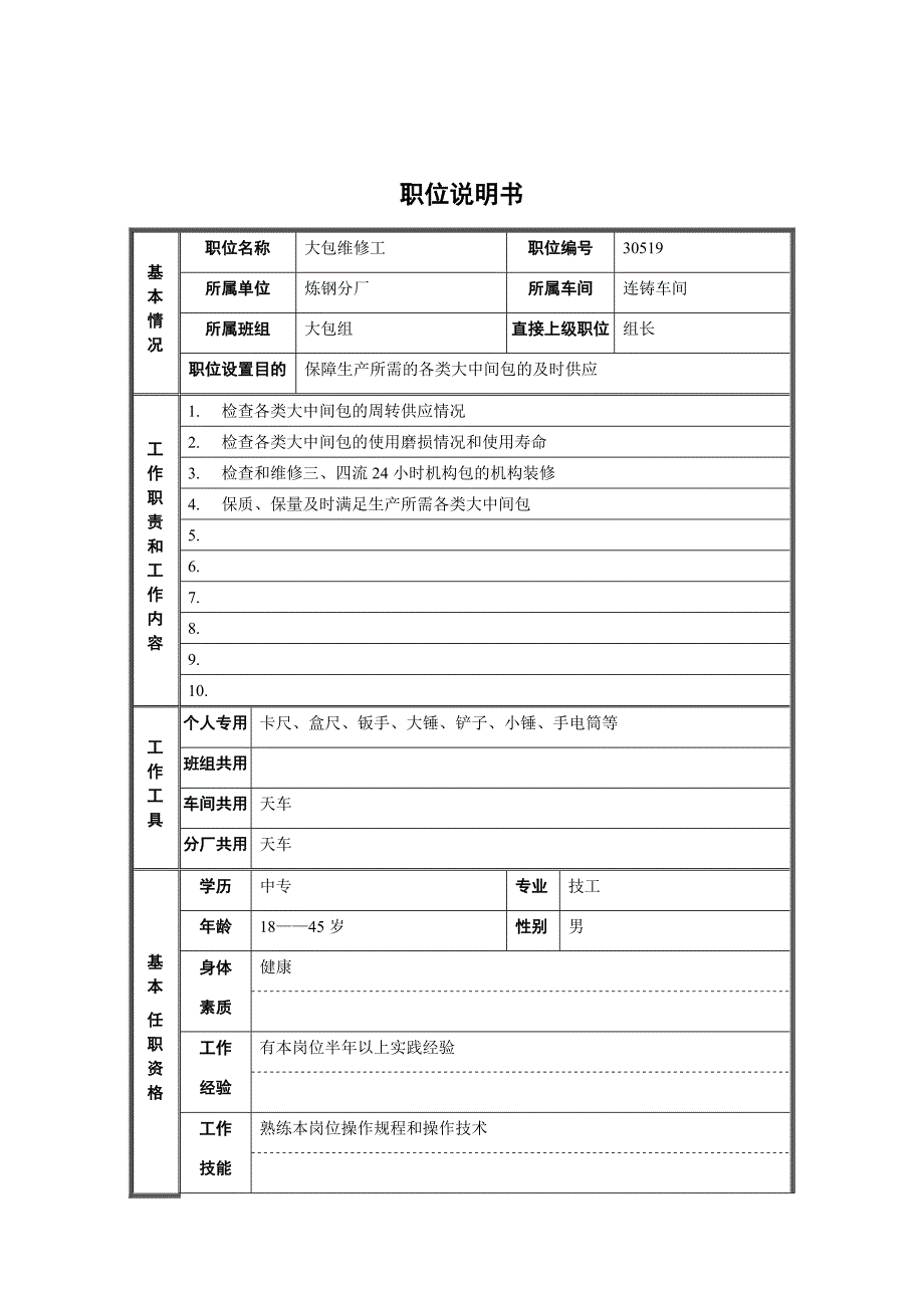 某炼钢厂连铸车间大包维修工岗位描述_第1页