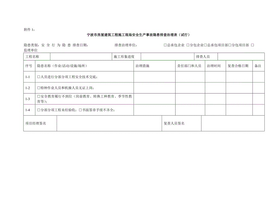 宁波市房屋建筑工程施工现场安全生产事故隐患排查治理表_第1页