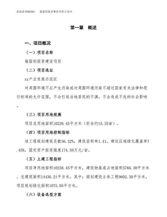 立项锚固剂投资建设项目计划书