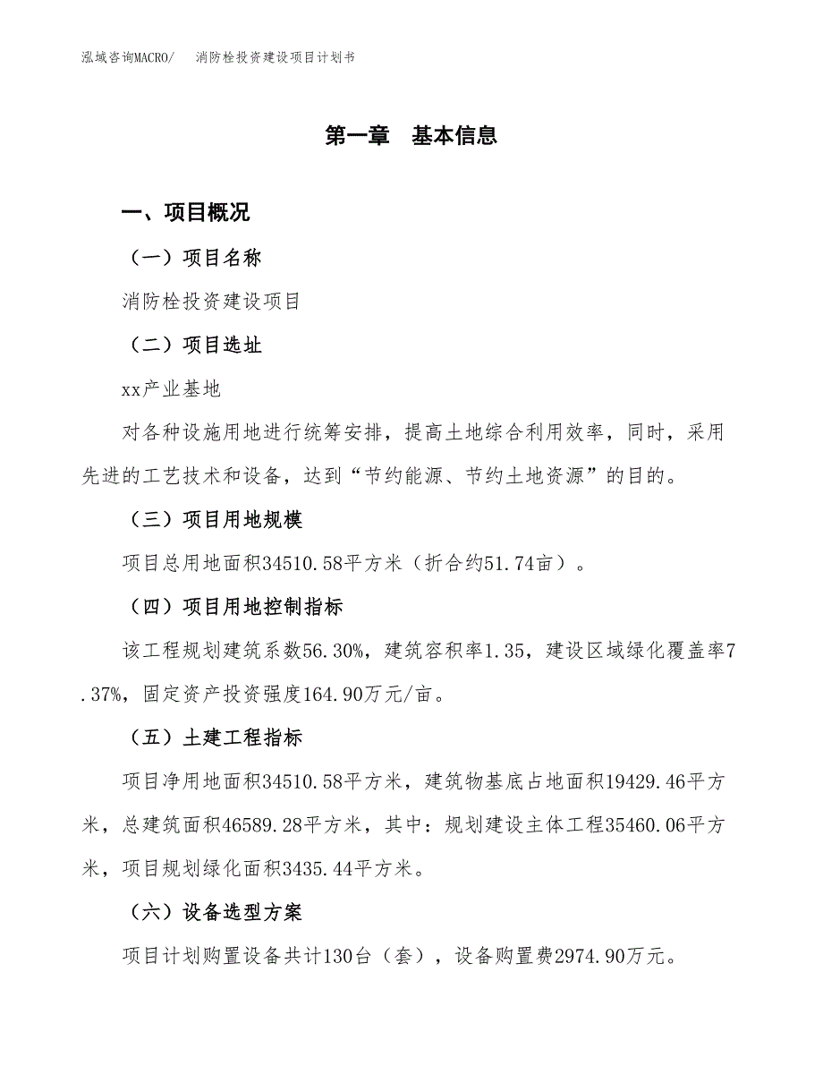 立项消防栓投资建设项目计划书_第1页