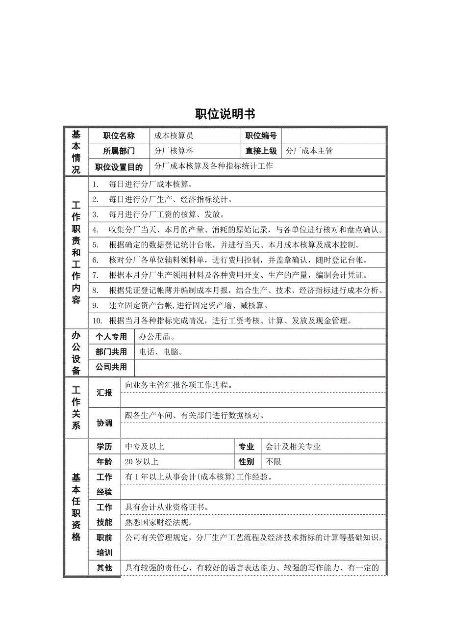 某钢铁公司财务部各职位说明书_第1页