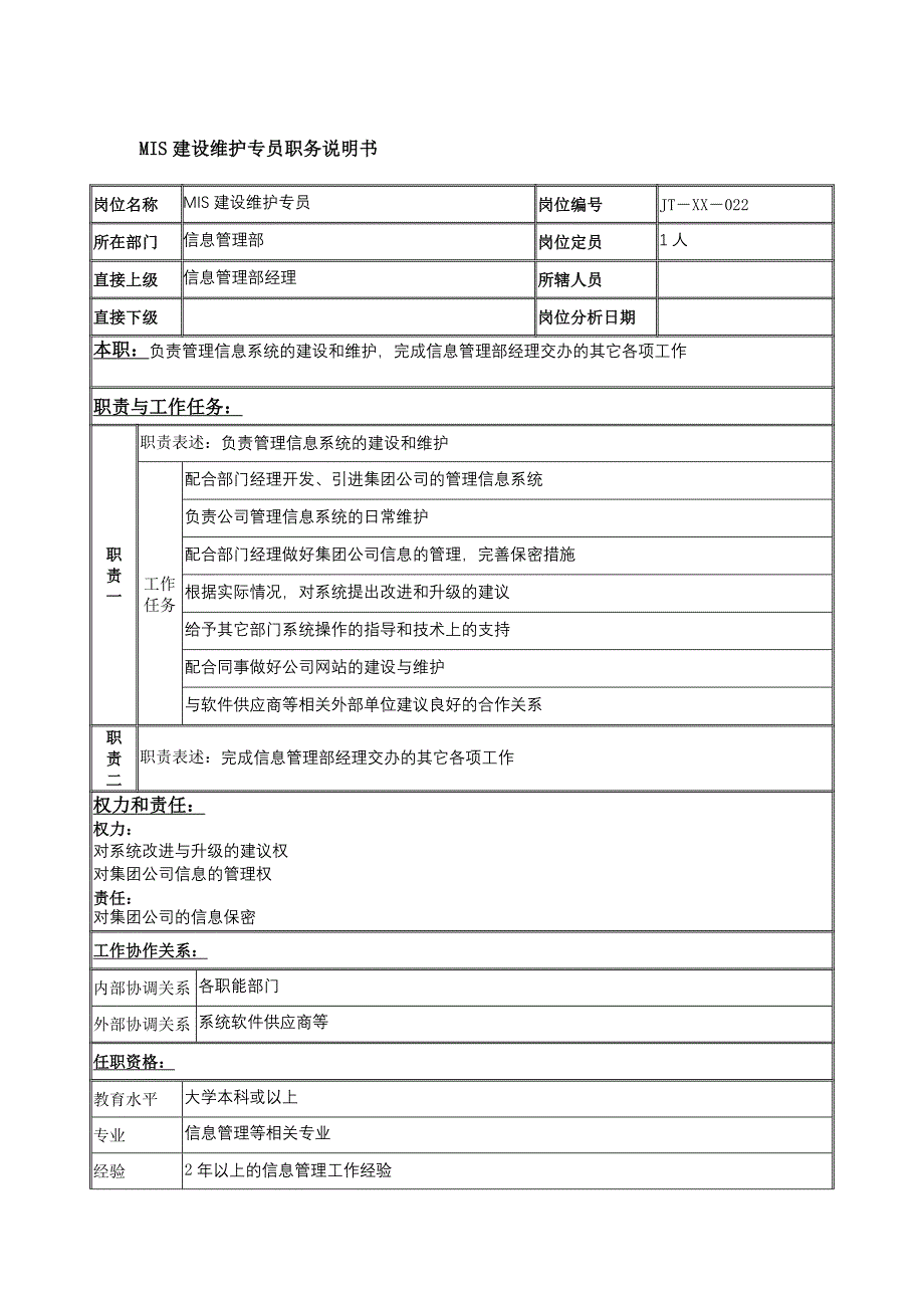 mis建设维护专员的岗位职责_第1页