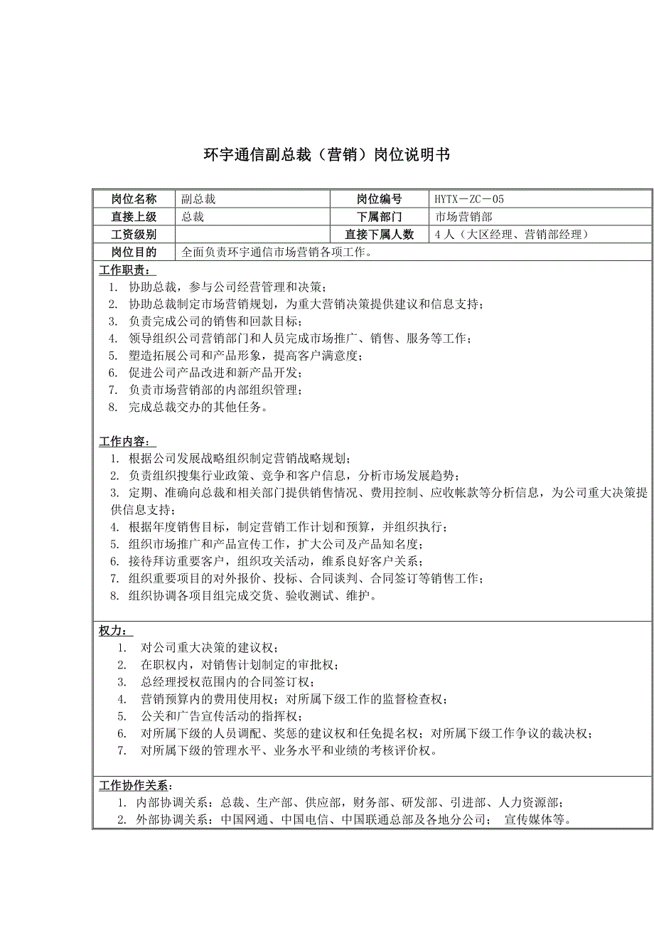 某通信公司销副总裁职务描述_第1页