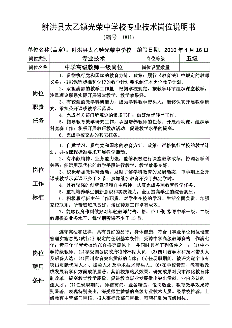 光荣中学校专业技术岗位说明书(修改后)_第1页
