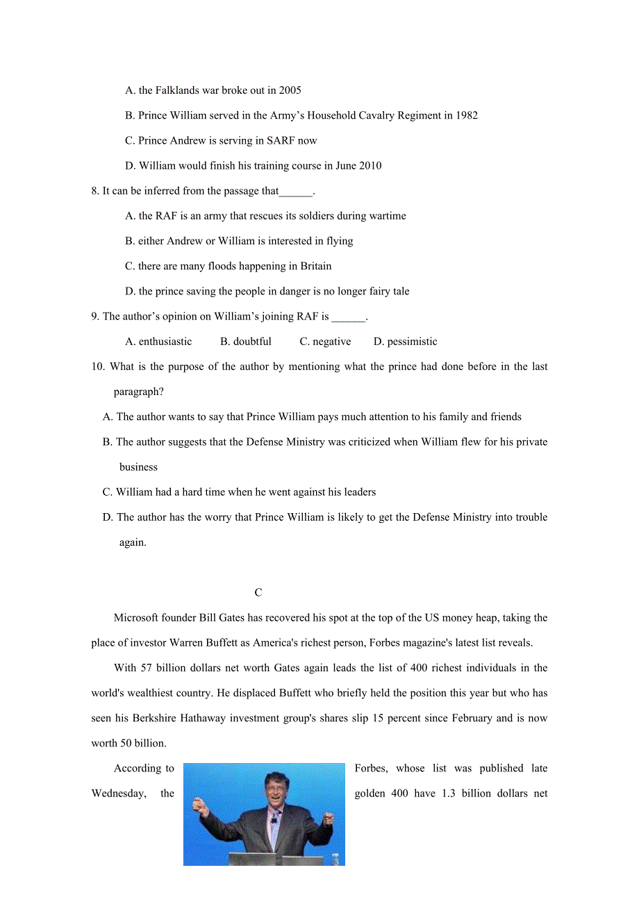 2009年高考英语阅读理解和任务型阅读课堂综合练习一_第4页