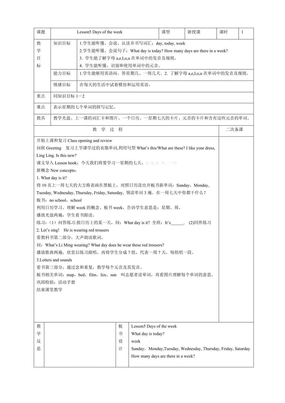 2013年版冀教版四年级上册英语教案1-6课_第5页