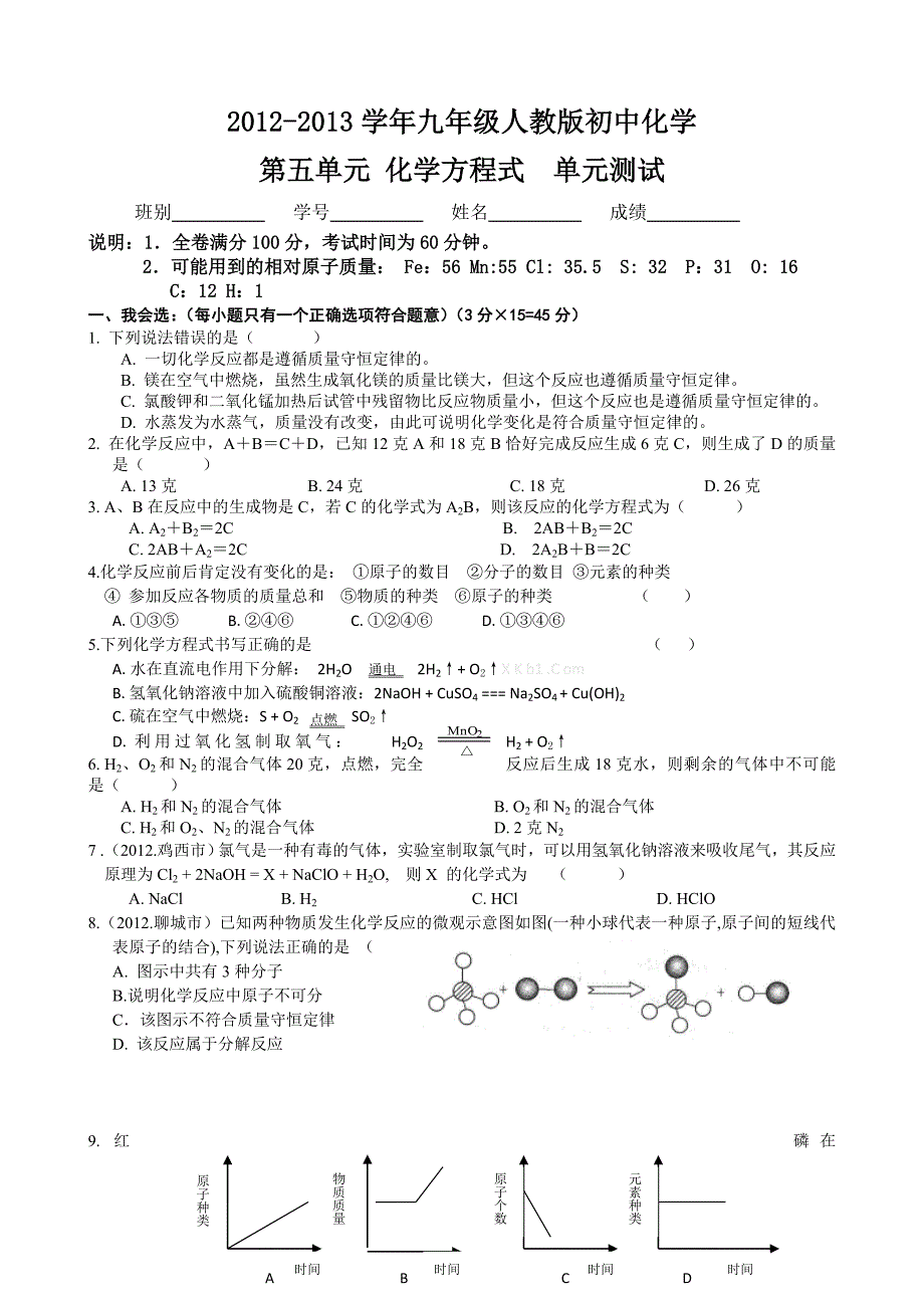 2012版第五单元化学方程式测试题_第1页