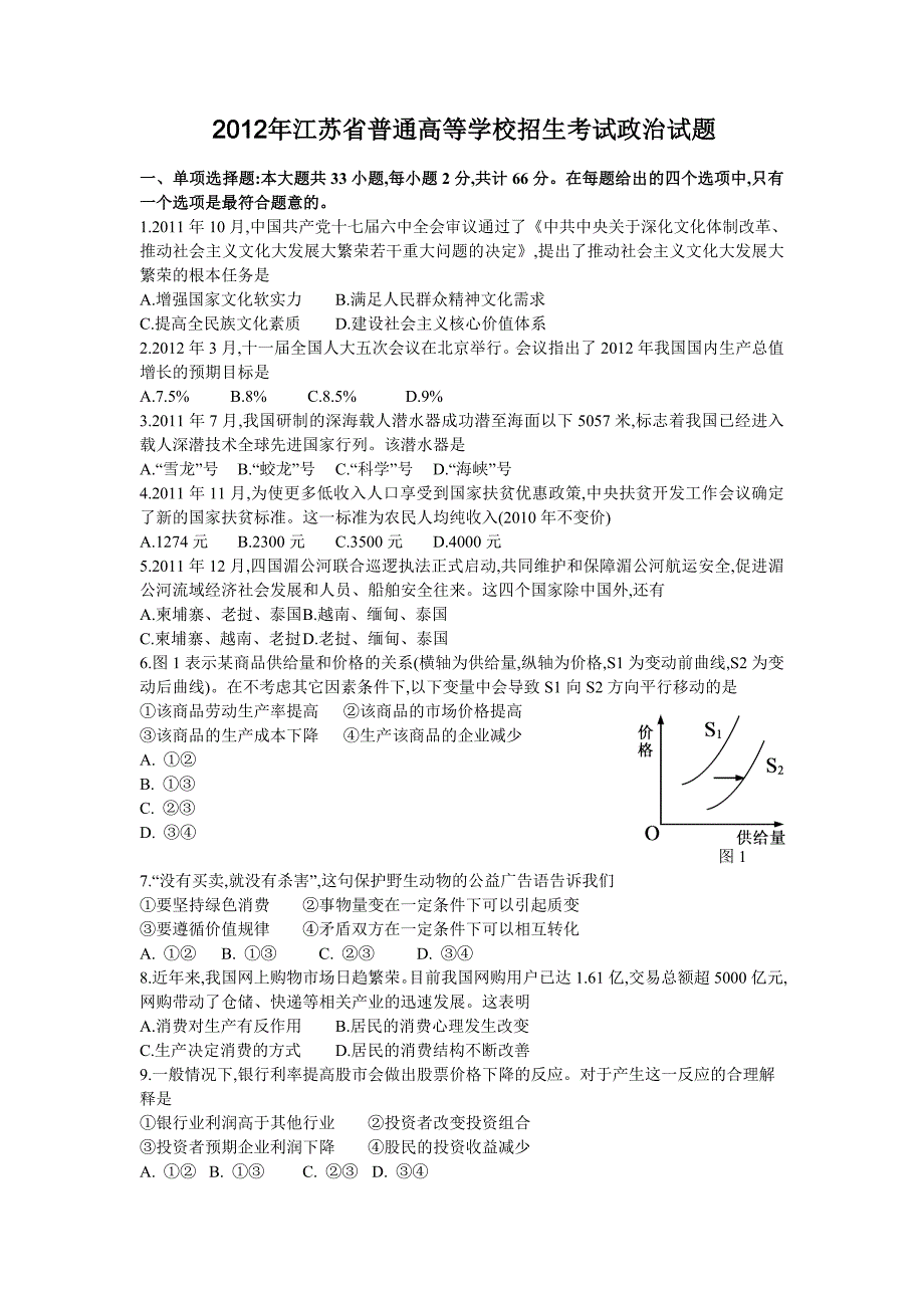 2012江苏省高考政治试卷_第1页