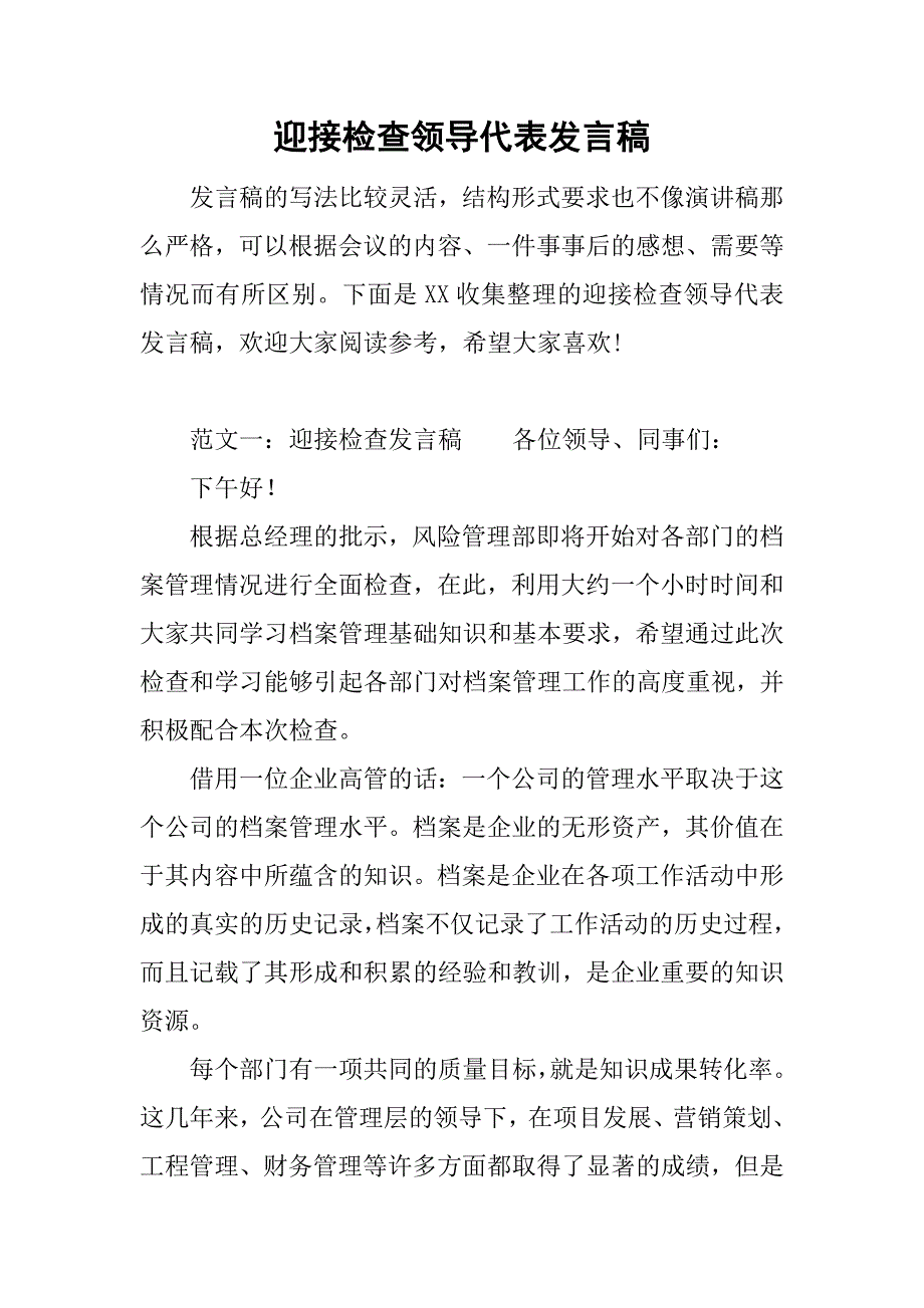 迎接检查领导代表发言稿.doc_第1页