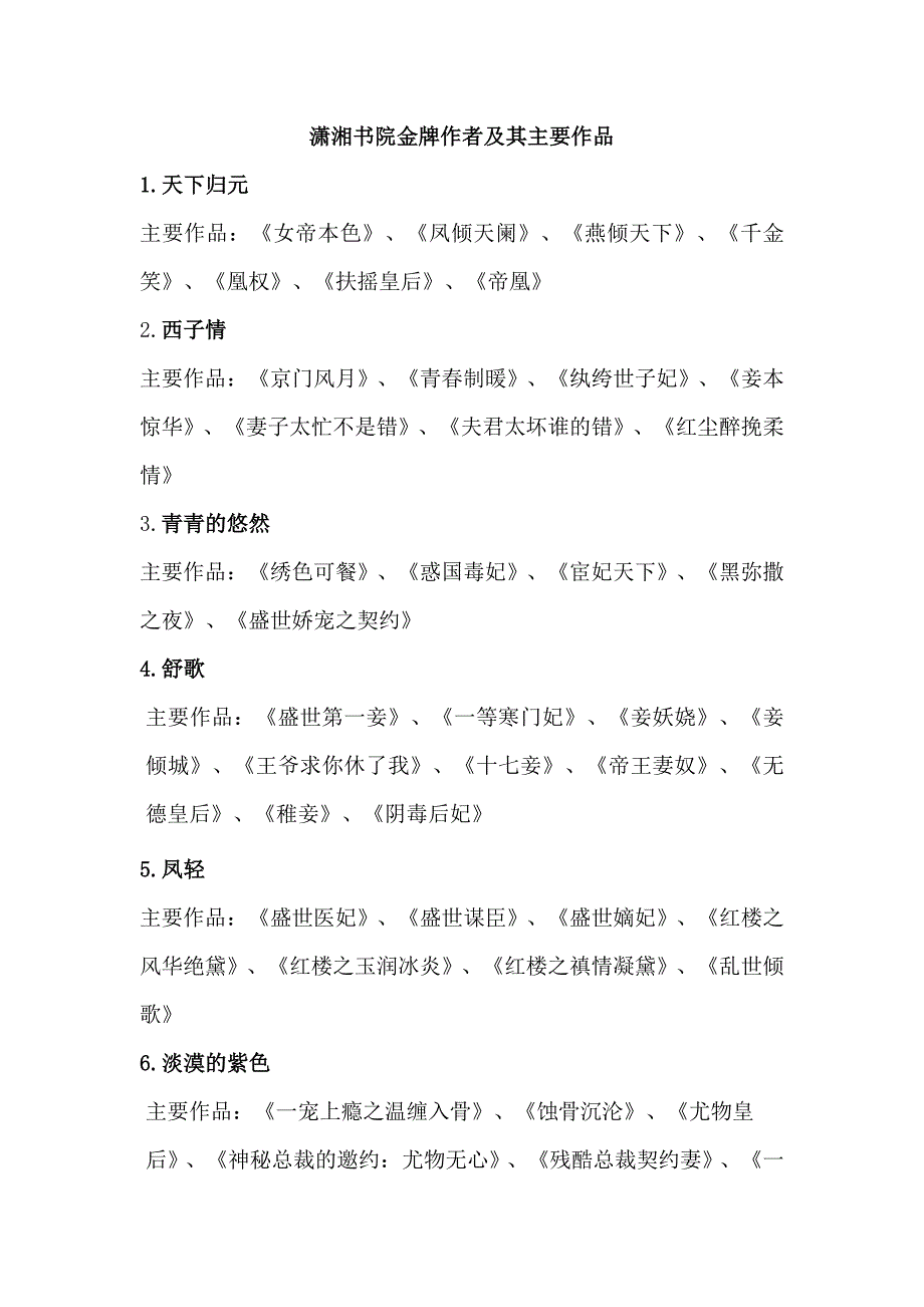 潇湘书院金牌作者及其主要作品_第1页
