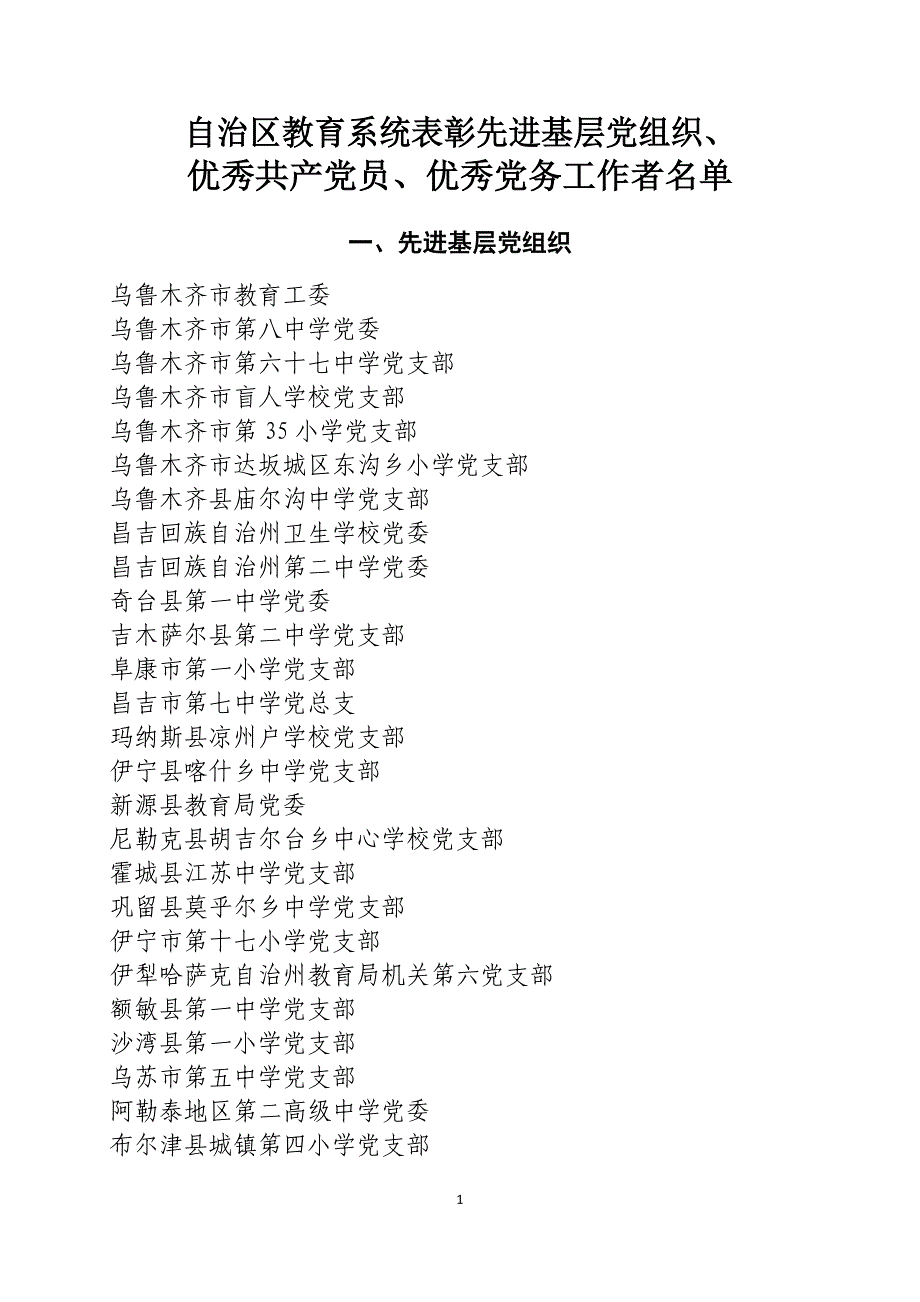 自治区教育系统七一表彰先进基层党组织-新疆维吾尔自治区教育厅_第1页