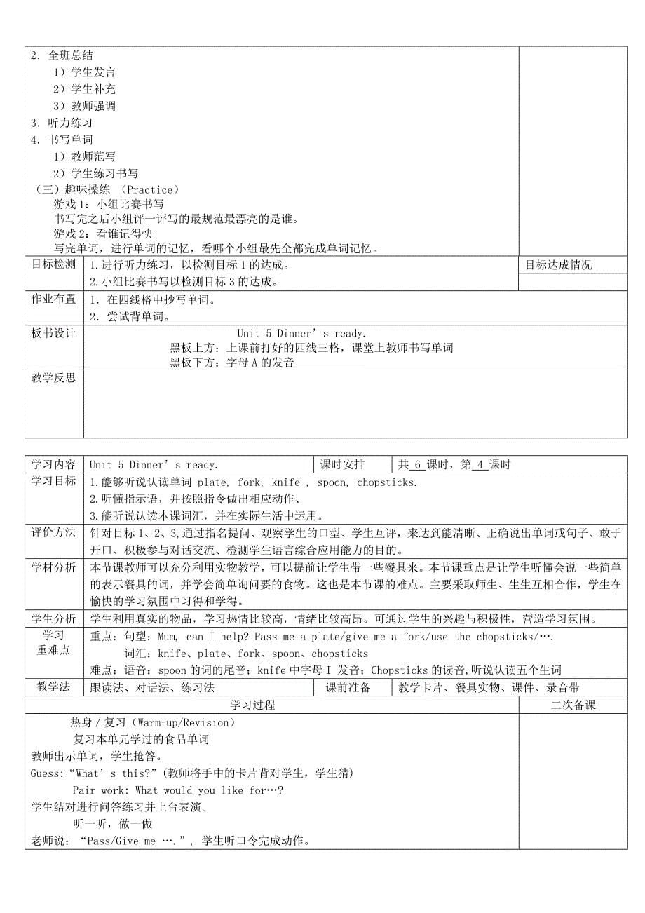 2013新版pep小学英语四年级上册第五单元教案表格式6课时_第5页