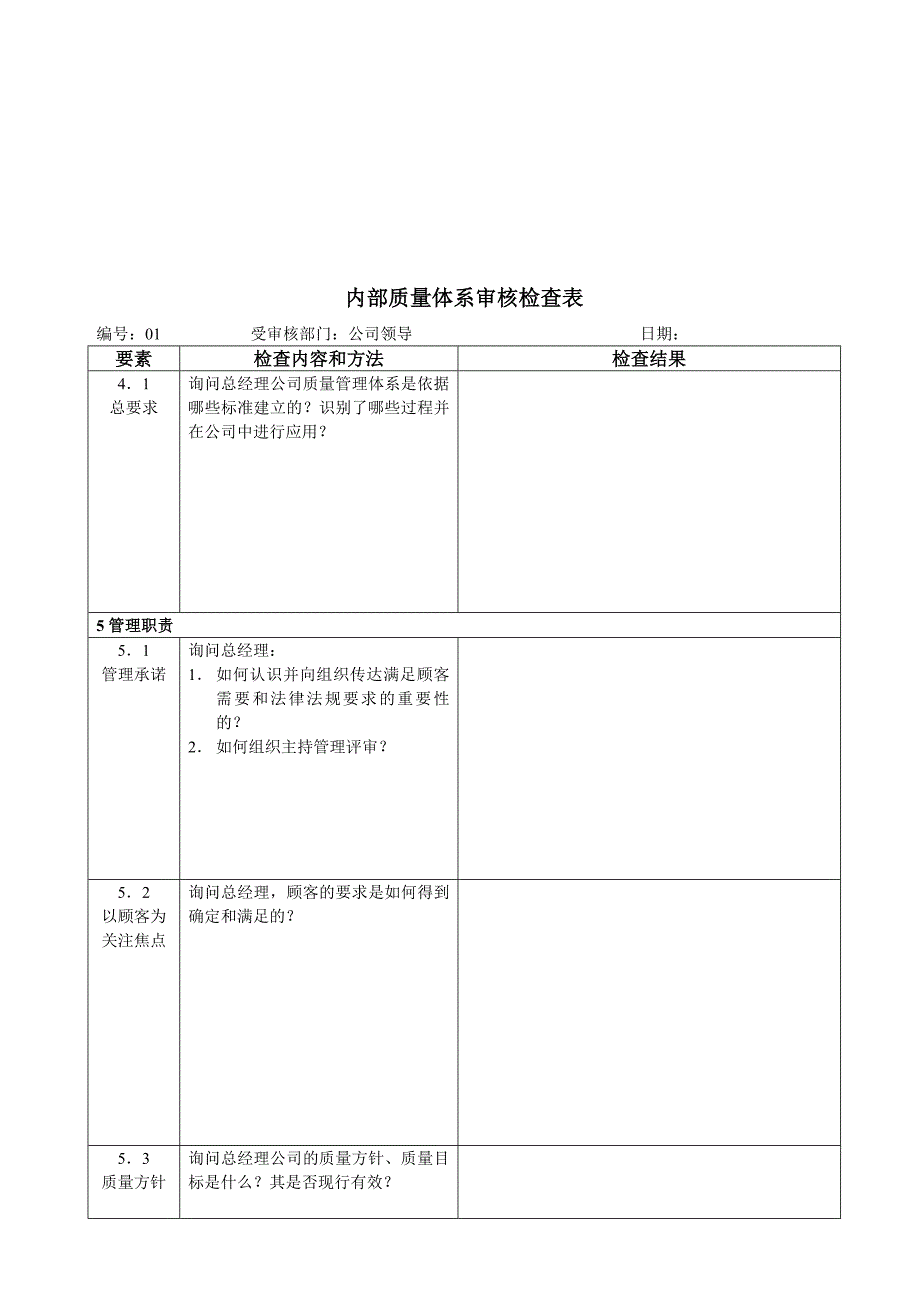 企业内部质量体系审核检查表_第1页