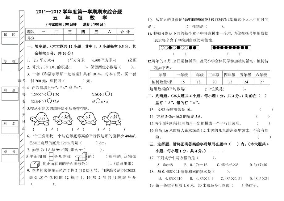 2011--2012学年度第一学期五年级数学期末综合题_第1页