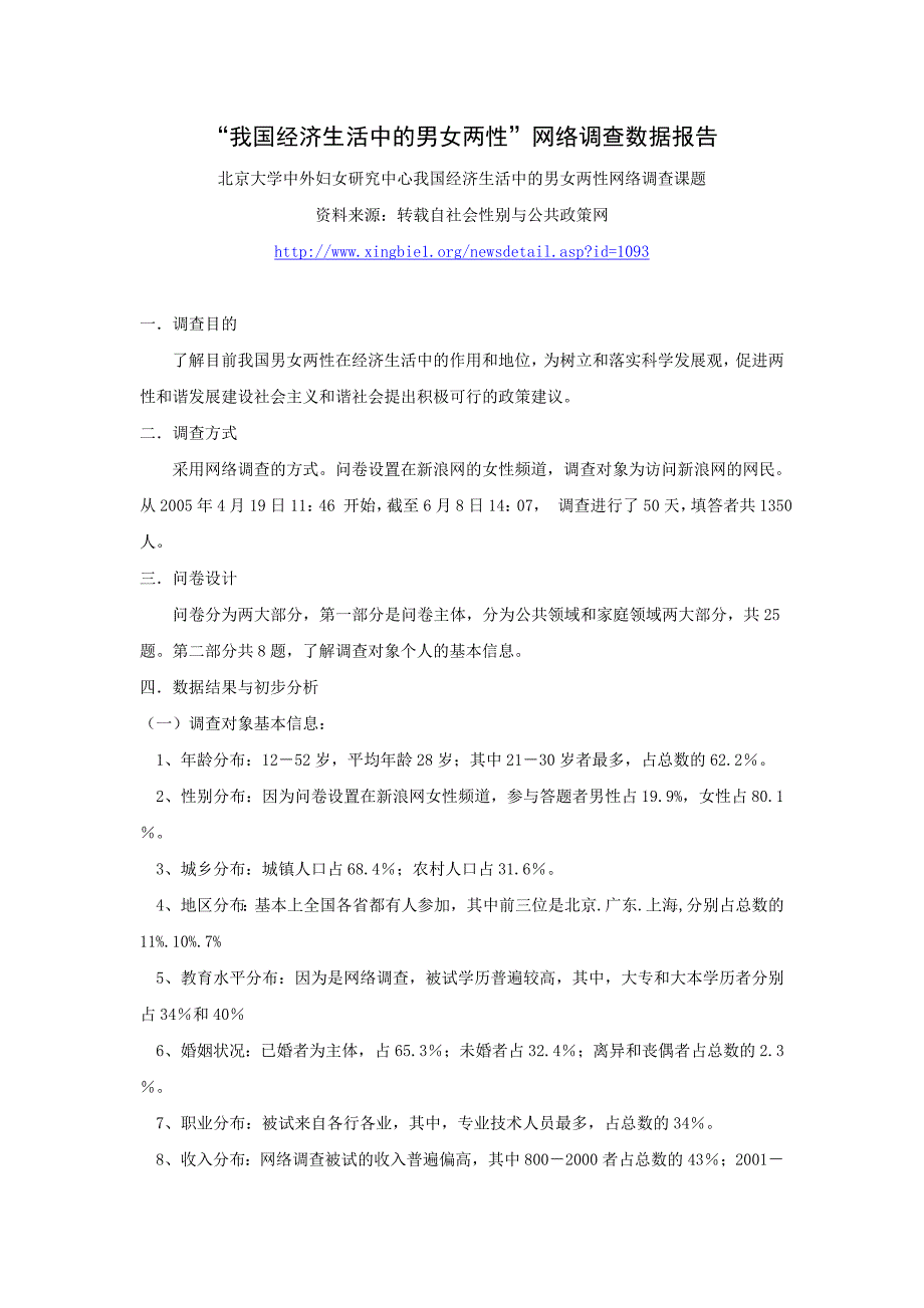 我国经济生活中的男女两性网络调查数据报告._第1页