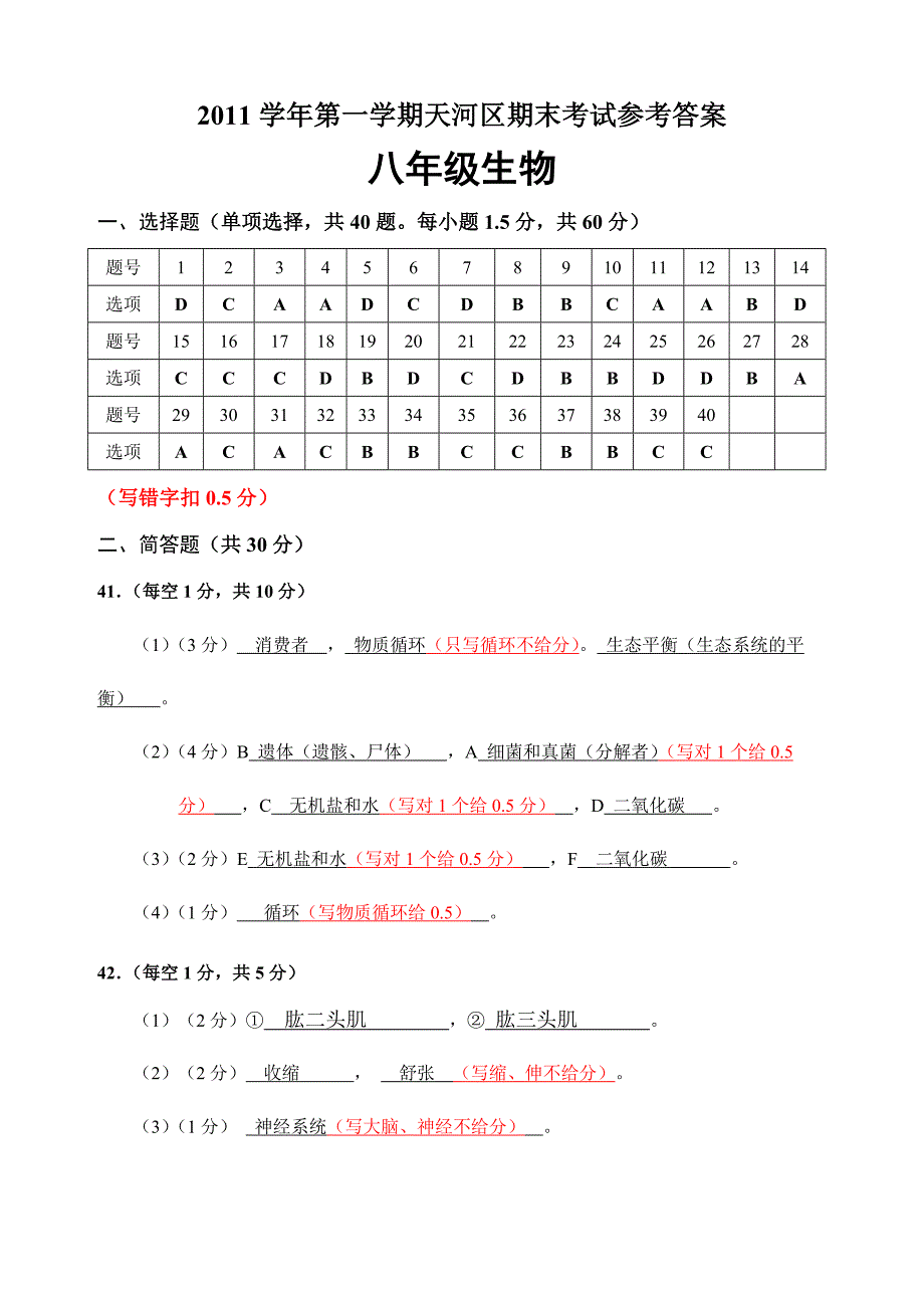 八年级生物期末考试卷答案及评分标准（20111230）_第1页