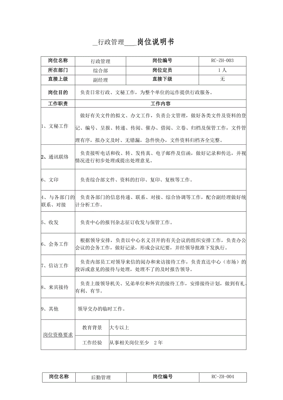 综合办岗位说明书大全50_第4页