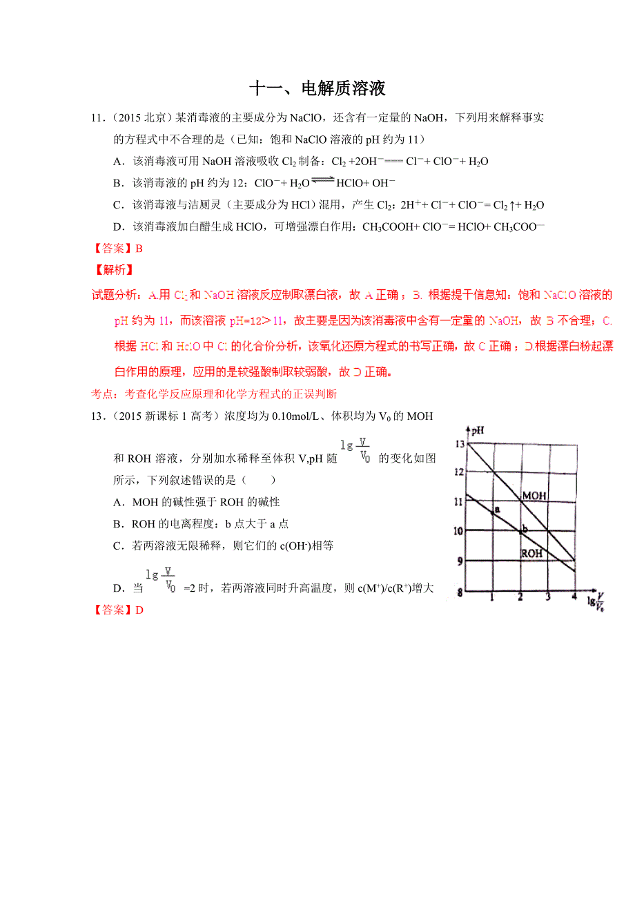 2015年高考化学试题汇编（16个专题）专题11：电解质溶液_第1页