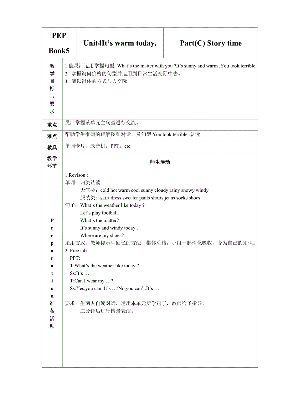 unit4-it's-warm-today.partc教学设计及练习题_第1页