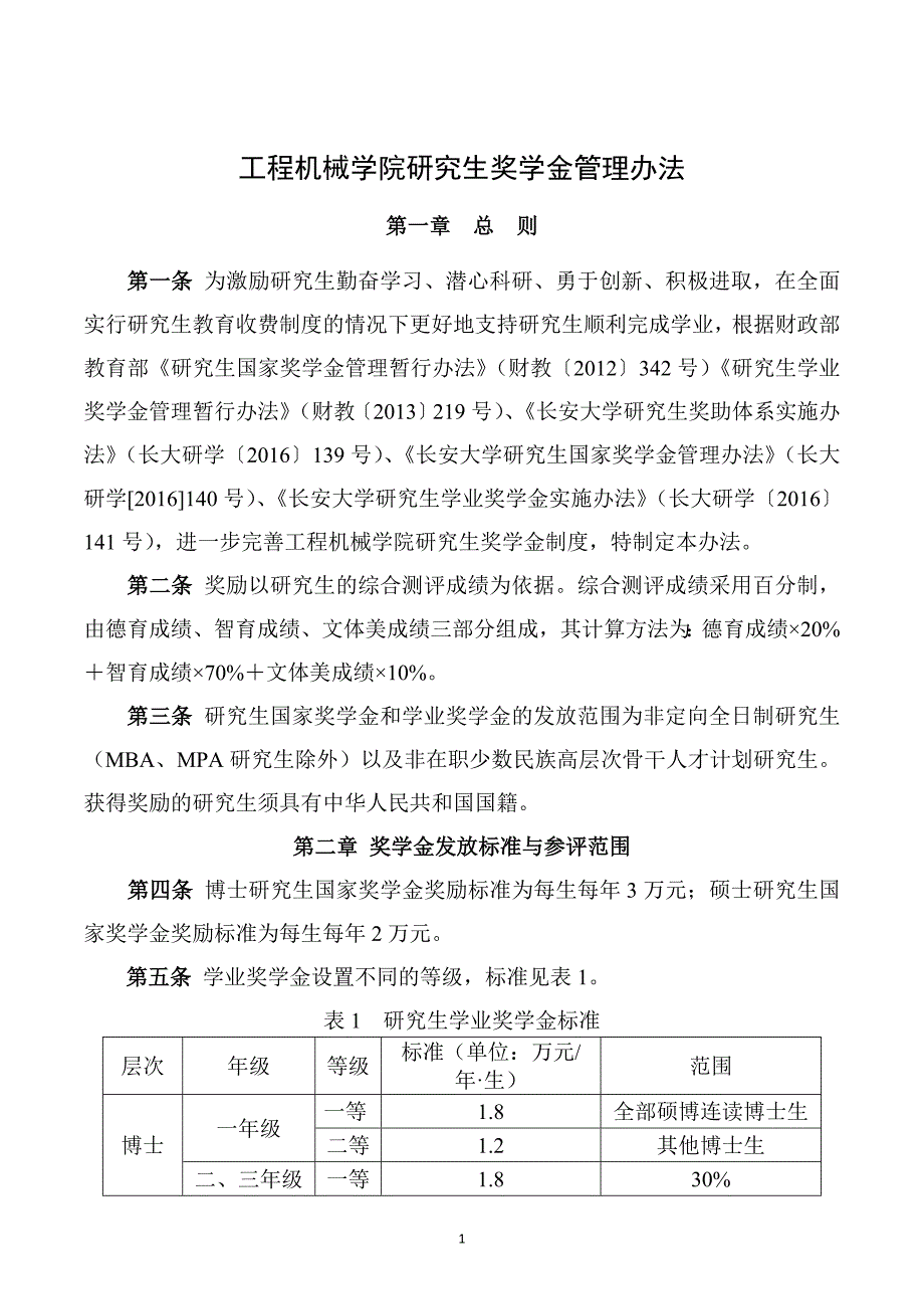 2017年长安大学工程机械学院研究生奖学金实施办法_第1页