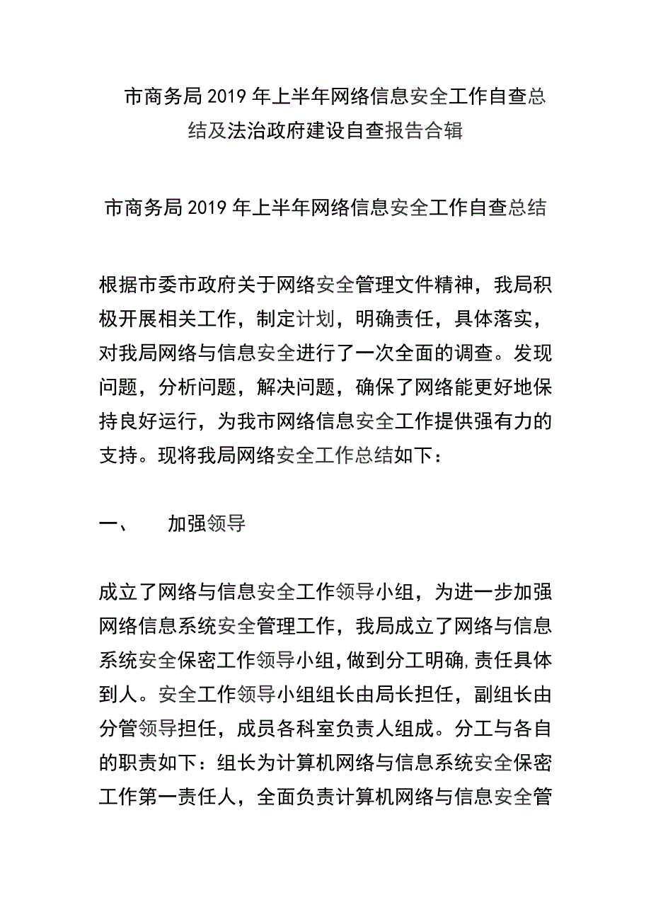  市商务局2019年上半年网络信息安全工作自查总结及法治政府建设自查报告合辑_第1页