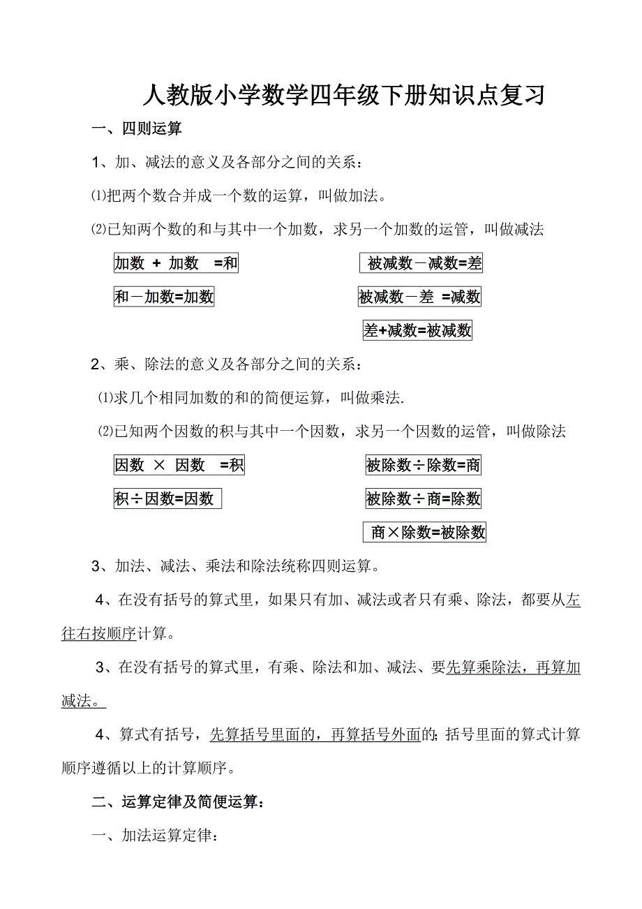 2015年新人教版小学四年级数学下册知识点复习_第1页