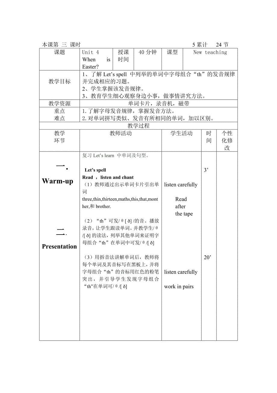 2015人教版五年级英语下册第四单元教案表格式_第5页