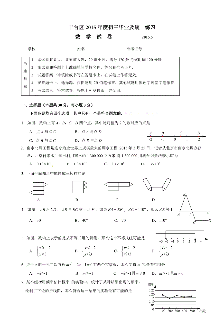2015年丰台区初三一模数学试卷_第1页