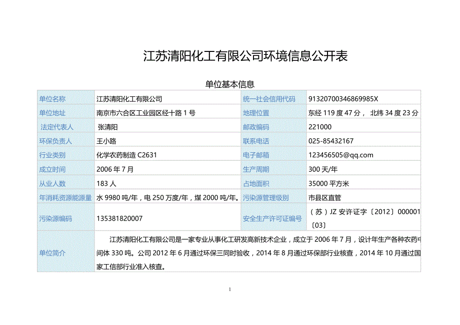 江苏清阳化工有限公司环境信息公开表_第1页