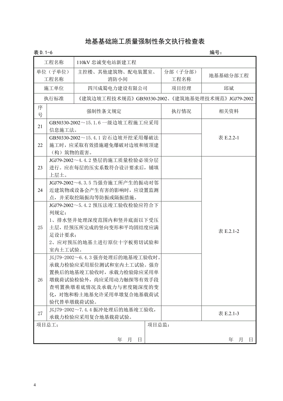 忠诚变电站建筑工程质量强制性条文执行检查表(施工部分)(附录D)_第4页