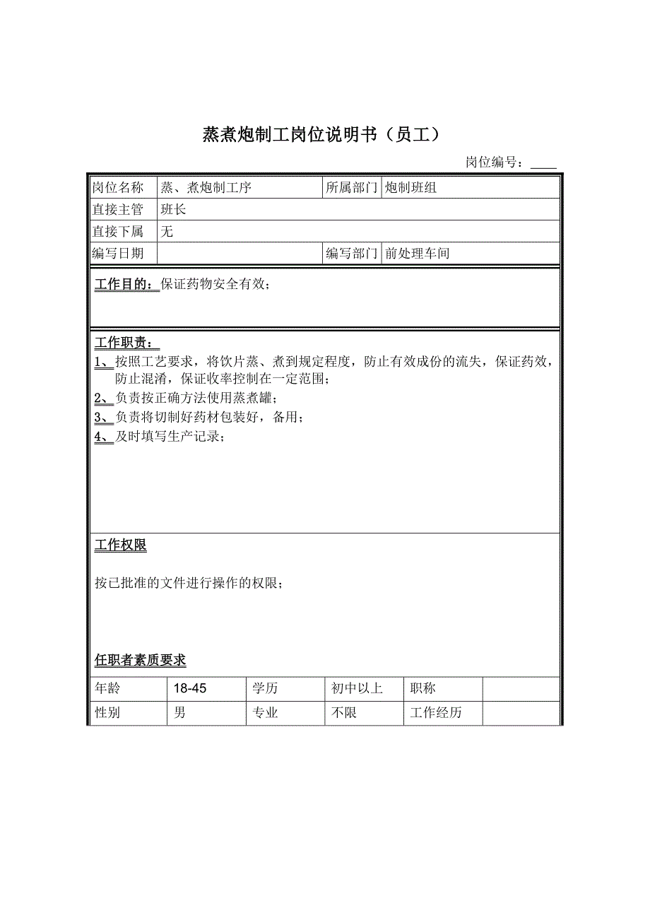 蒸煮炮制工岗位职责说明书手册_第1页