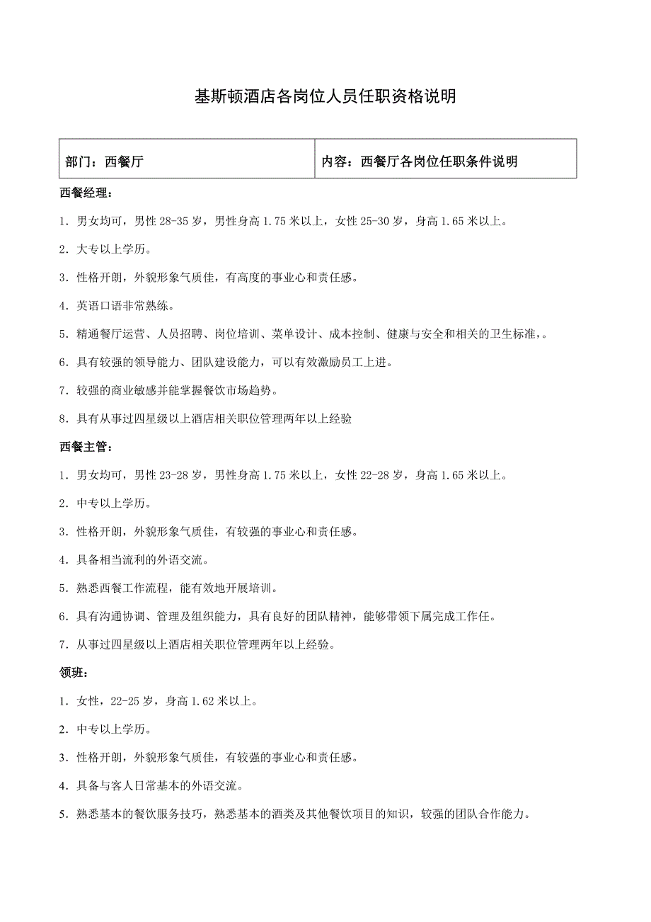 【优质】餐饮部各岗位任职要求_第1页