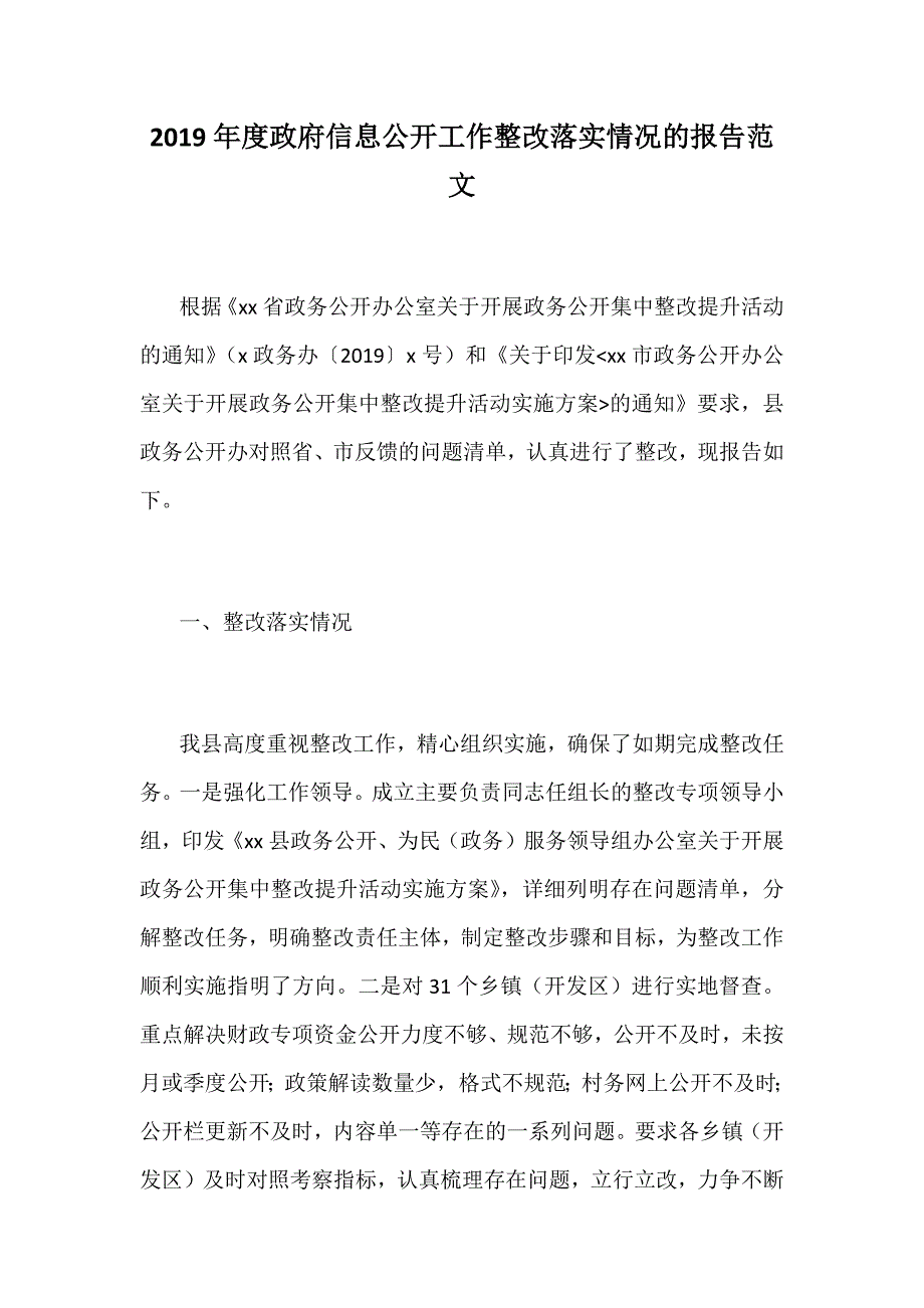 2019年度政府信息公开工作整改落实情况的报告范文_第1页