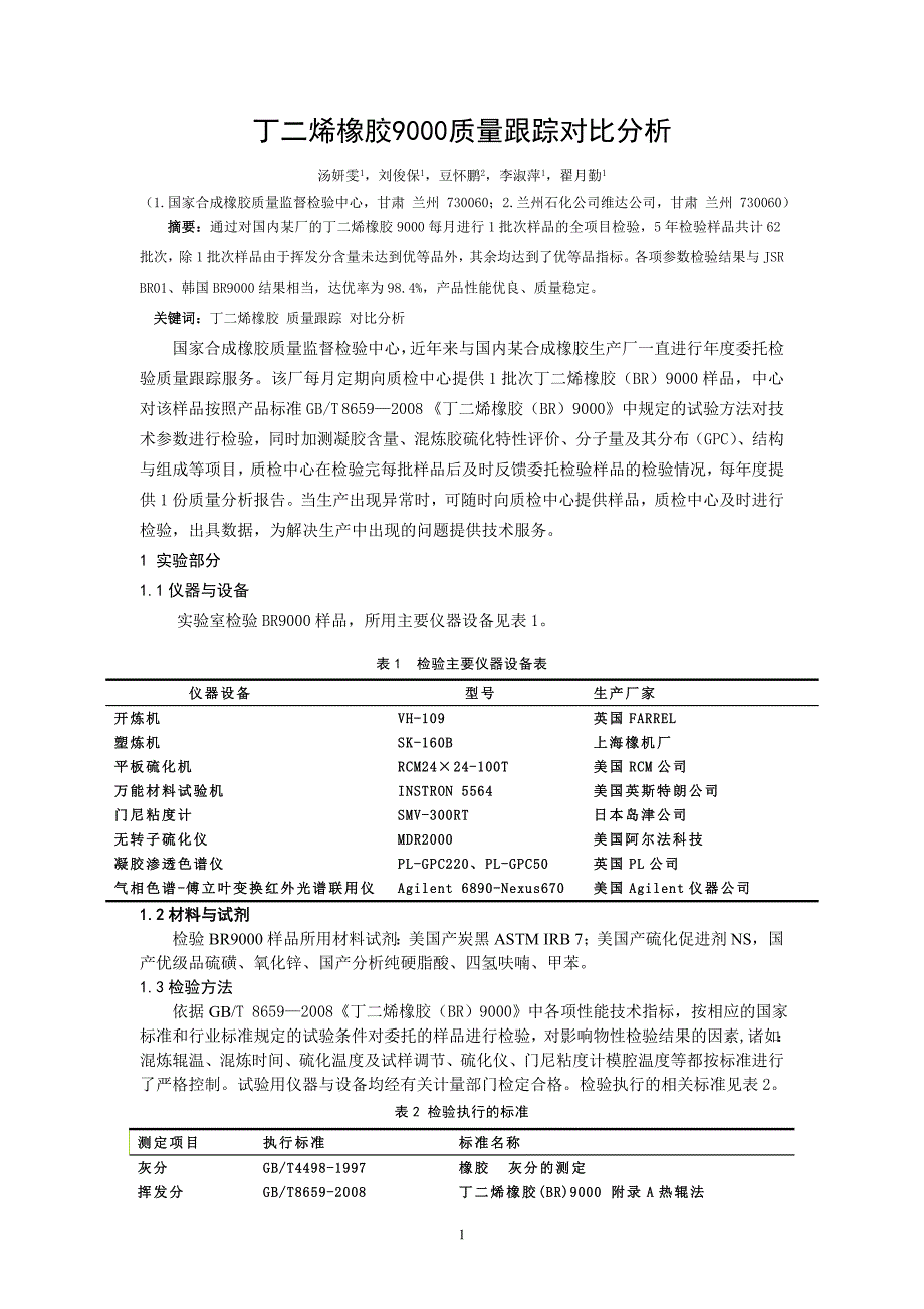 丁二烯橡胶BR9000质量分析报告_第1页