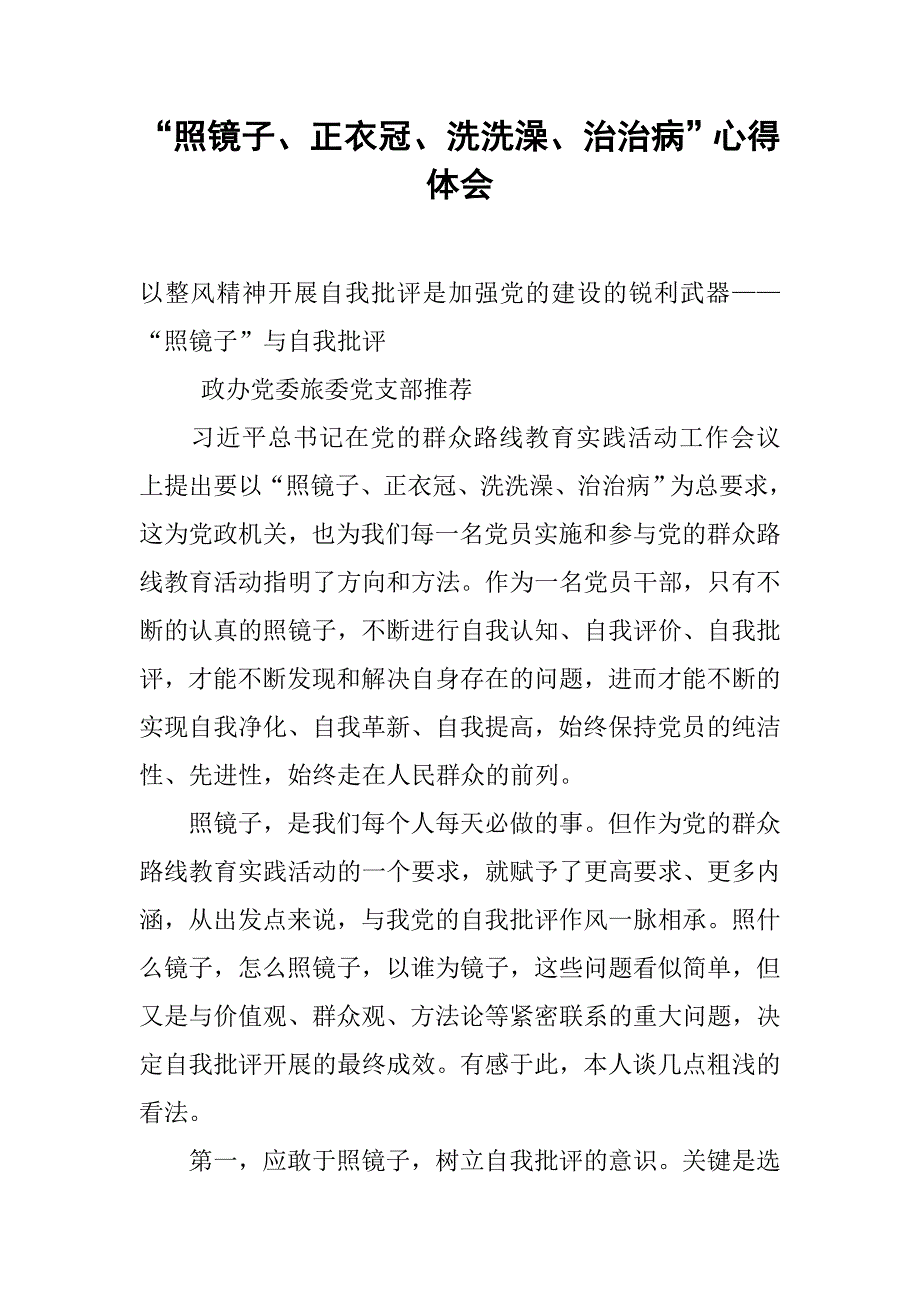 “照镜子、正衣冠、洗洗澡、治治病”心得体会.doc_第1页