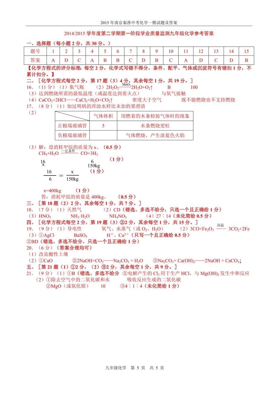 2015年南京秦淮中考化学一模试题及答案_第5页