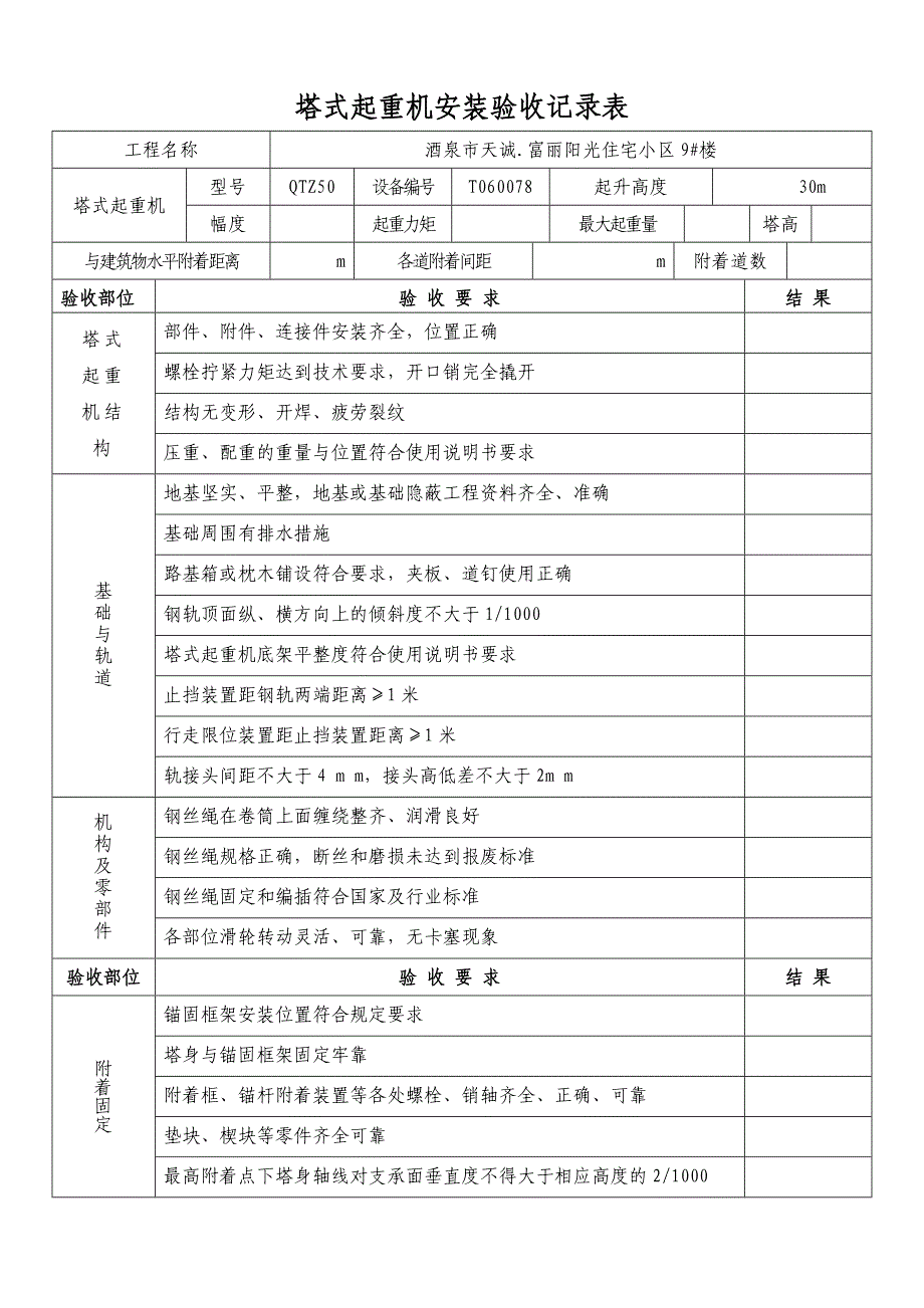 塔式起重机安装验收记录表(综合验收表)_第1页