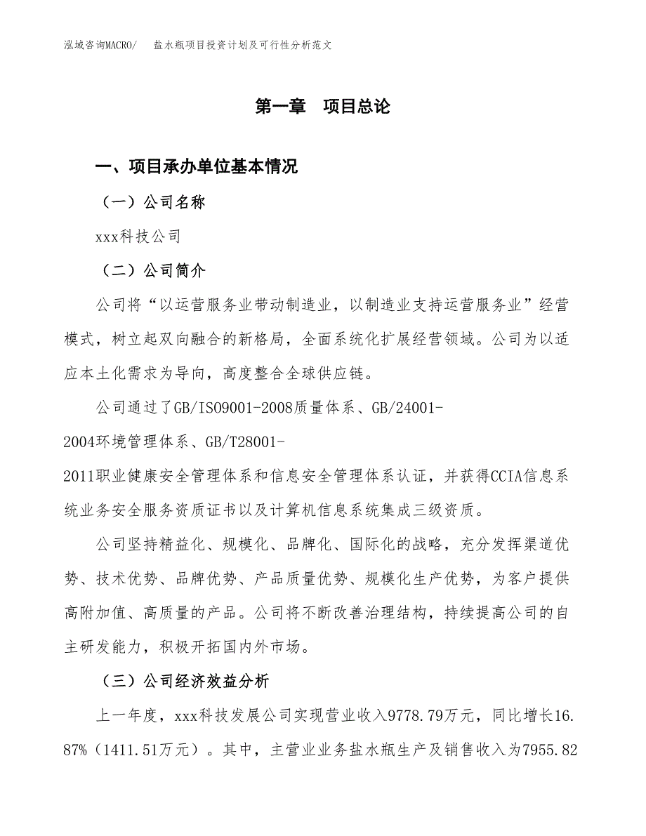 盐水瓶项目投资计划及可行性分析范文_第4页