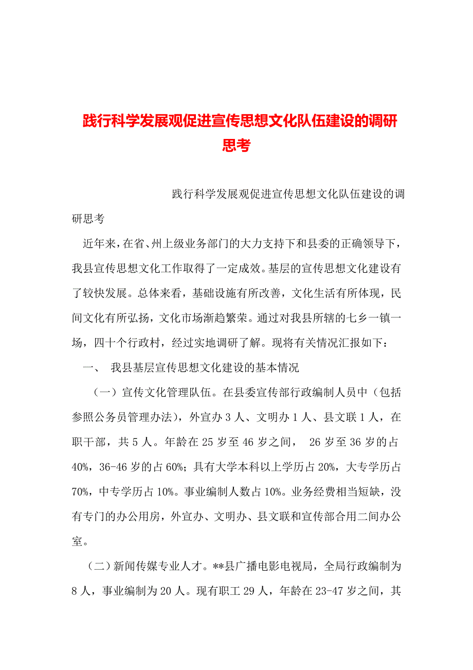 2019年整理--践行科学发展观促进宣传思想文化队伍建设的调研思考_第1页