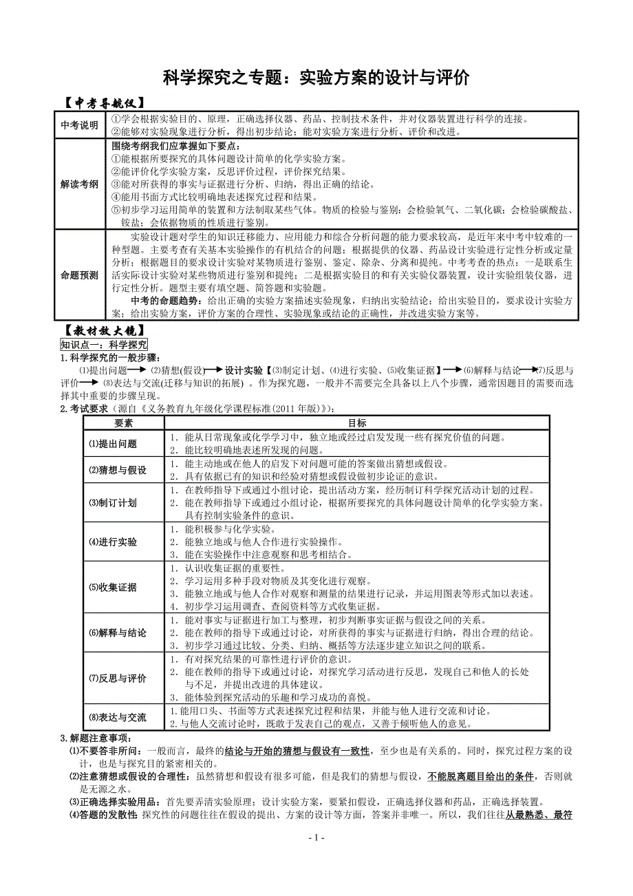 中考化学专题复习实验方案的设计与评价_第1页